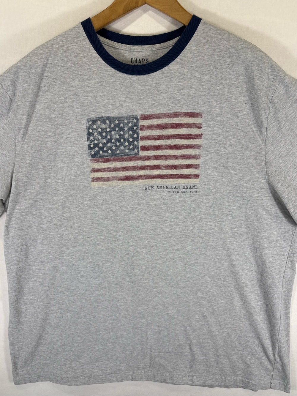 Chaps Gray Ringer Tee with Navy Trim and Faded Flag